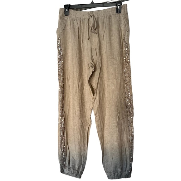 Umgee Beige Linen- Cotton Blend Sequins Pull on Jogger Pants - Picture 2 of 9